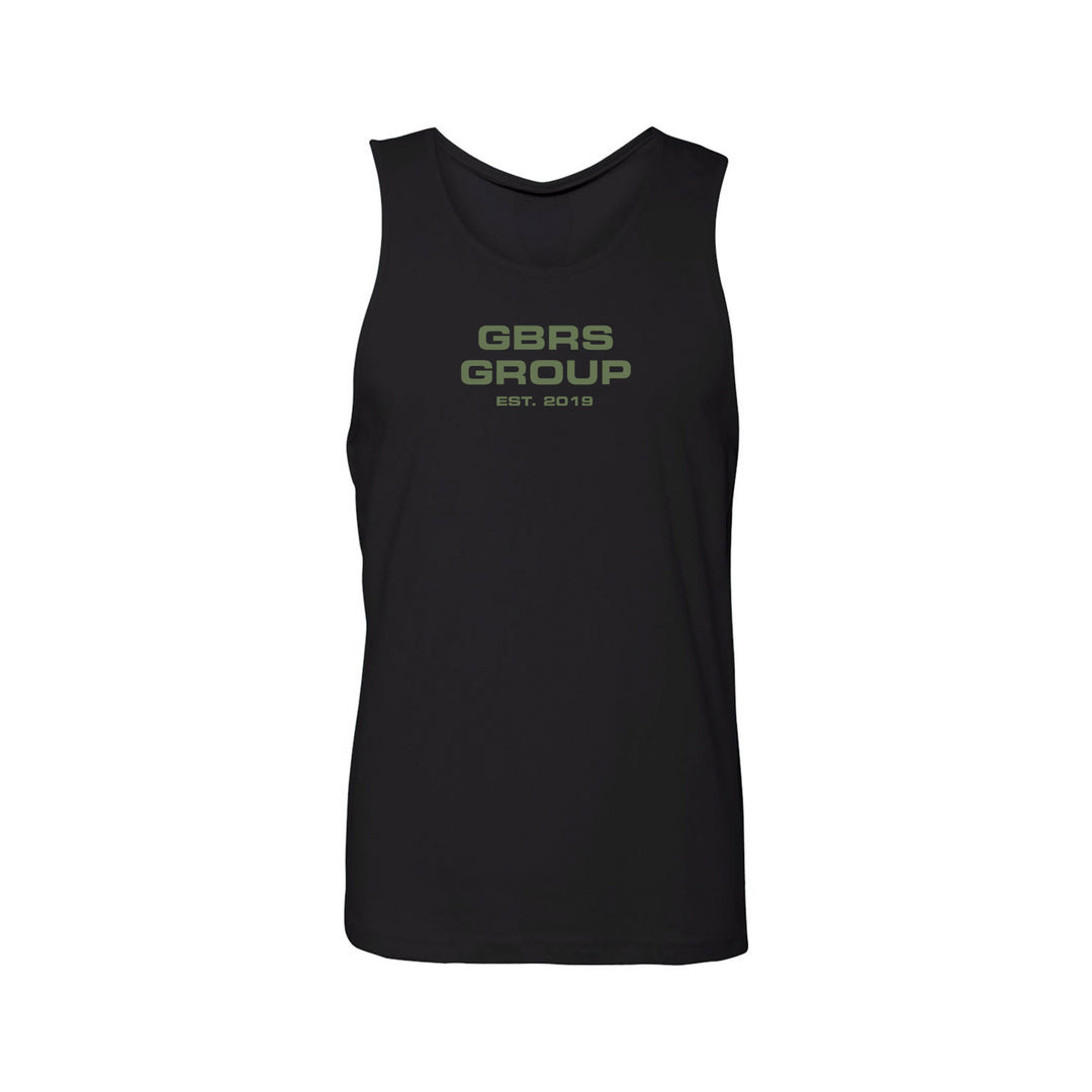 GBRS Group Instructor Tank - Anniversary Edition has a Slightly tapered athletic fit.
Great mobility for active lifestyles. Screen printed GBRS GROUP Anniversary Edition back print graphic. Screen printed GBRS GROUP center chest design. Black front view.