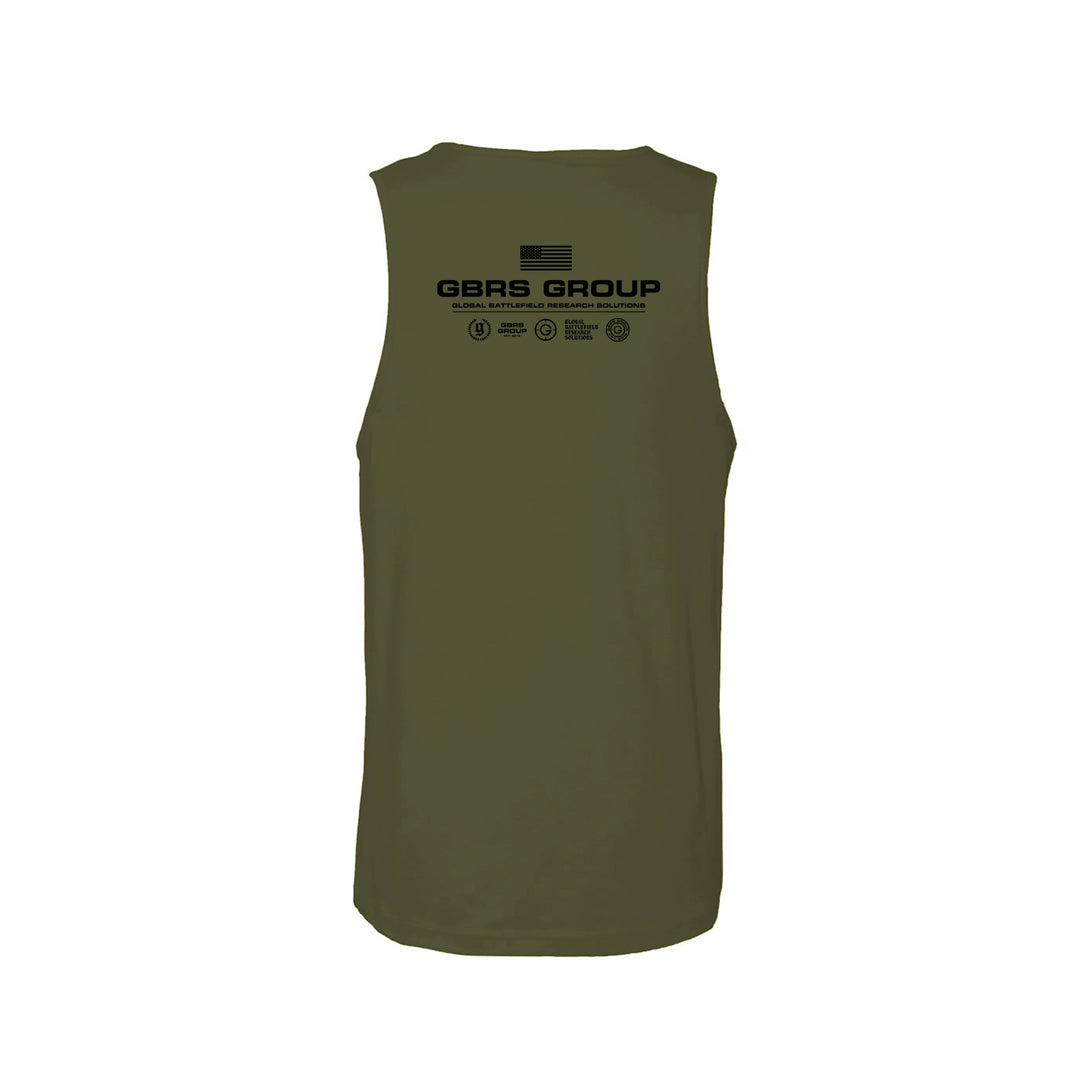 GBRS Group Instructor Tank - Anniversary Edition has a Slightly tapered athletic fit.
Great mobility for active lifestyles. Screen printed GBRS GROUP Anniversary Edition back print graphic. Screen printed GBRS GROUP center chest design. Olive back view.