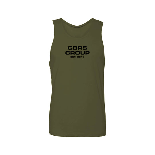 GBRS Group Instructor Tank - Anniversary Edition has a Slightly tapered athletic fit.
Great mobility for active lifestyles. Screen printed GBRS GROUP Anniversary Edition back print graphic. Screen printed GBRS GROUP center chest design. Olive front view.