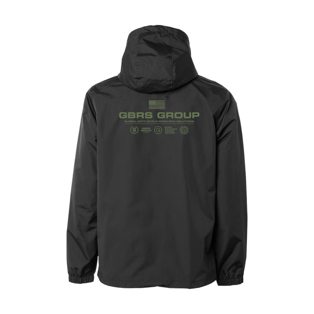 GBRS Group Instructor Rain Jacket - Anniversary Edition with  Level 3 waterproofing. Black with Green ink. Back view. 
