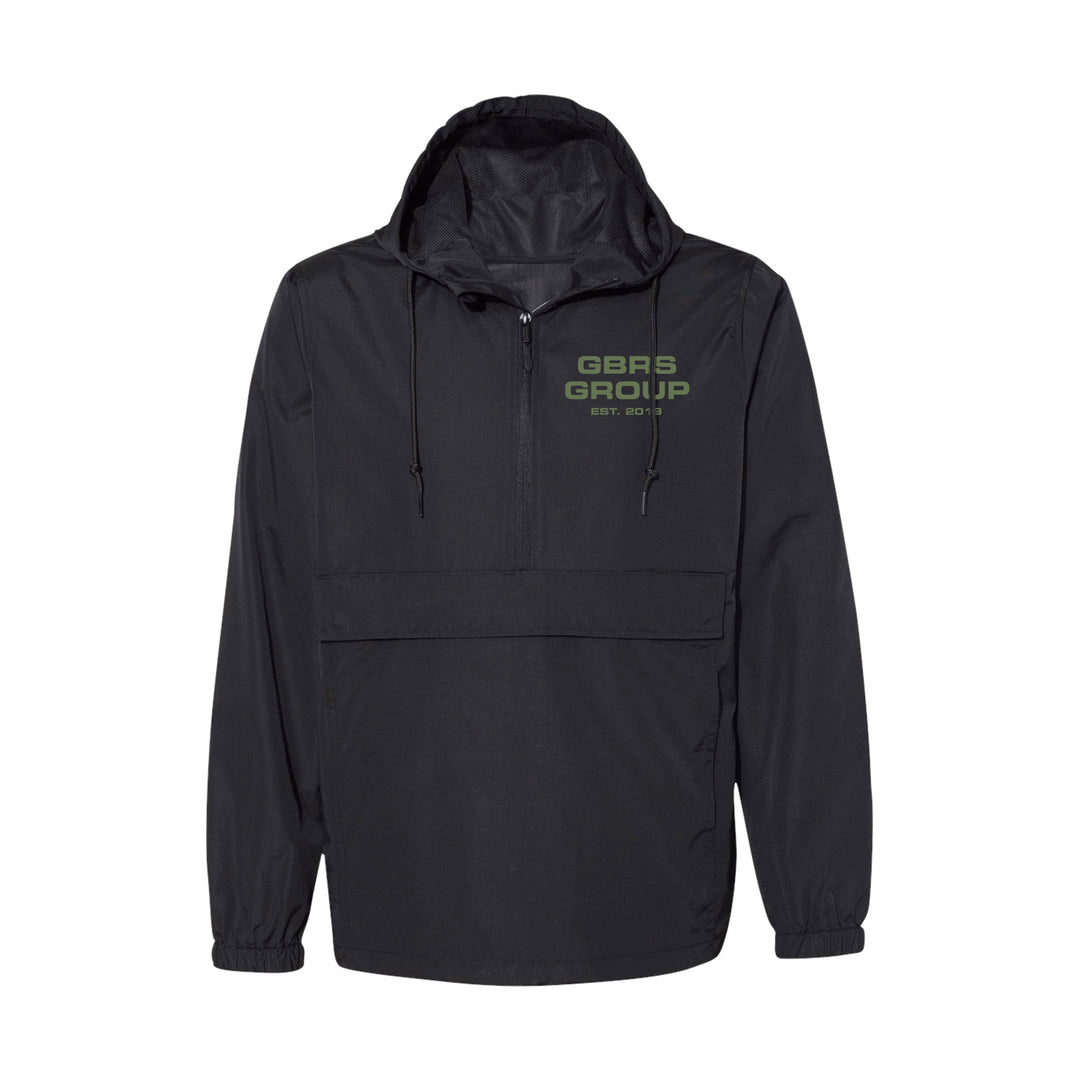 GBRS Group Instructor Rain Jacket - Anniversary Edition with  Level 3 waterproofing. Black with Green ink. Front view. 