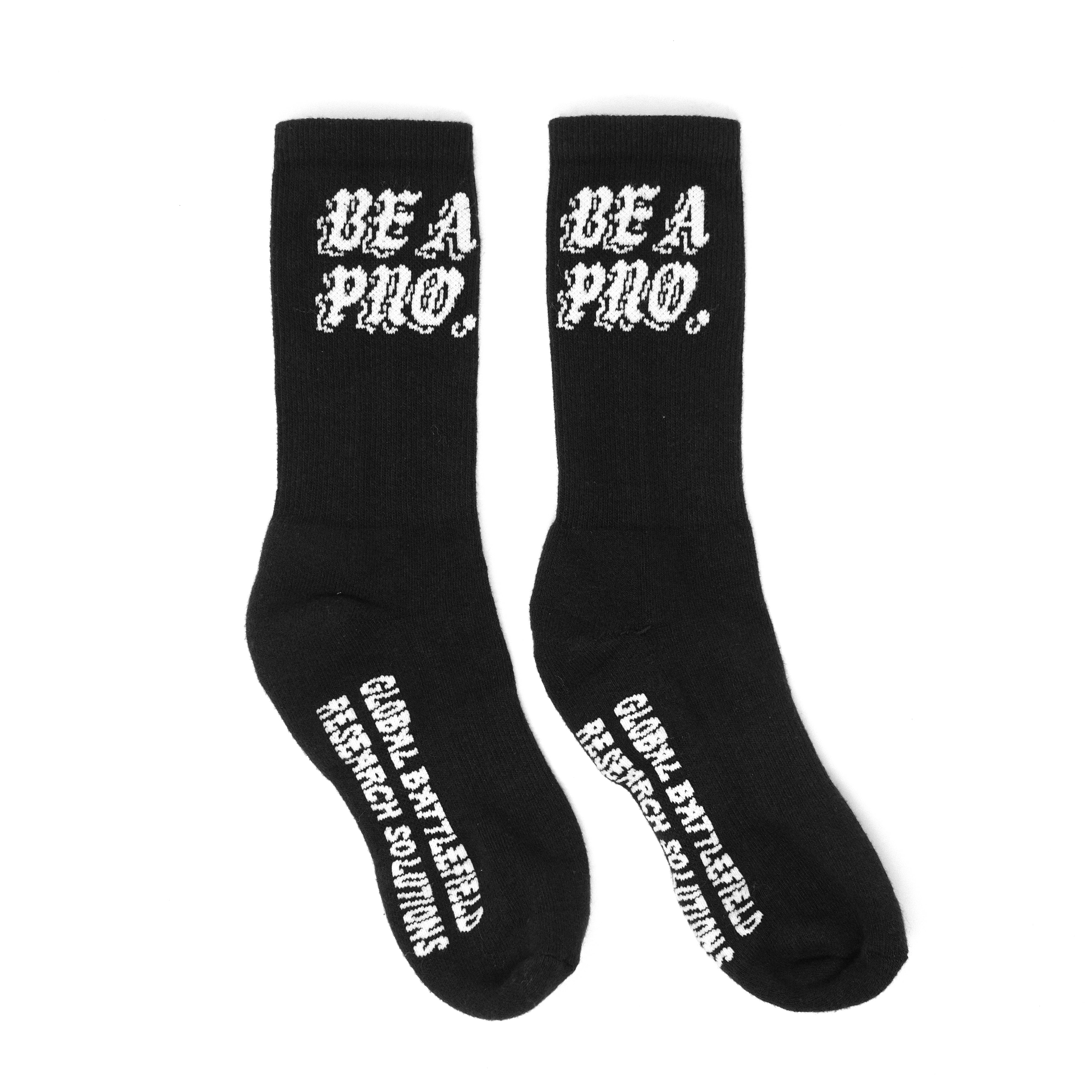 GBRS Group Be A Pro Crew Socks. Knit-in GBRS Group Be A Pro design on calf. Knit-in Global Battlefield Research Solutions on sole