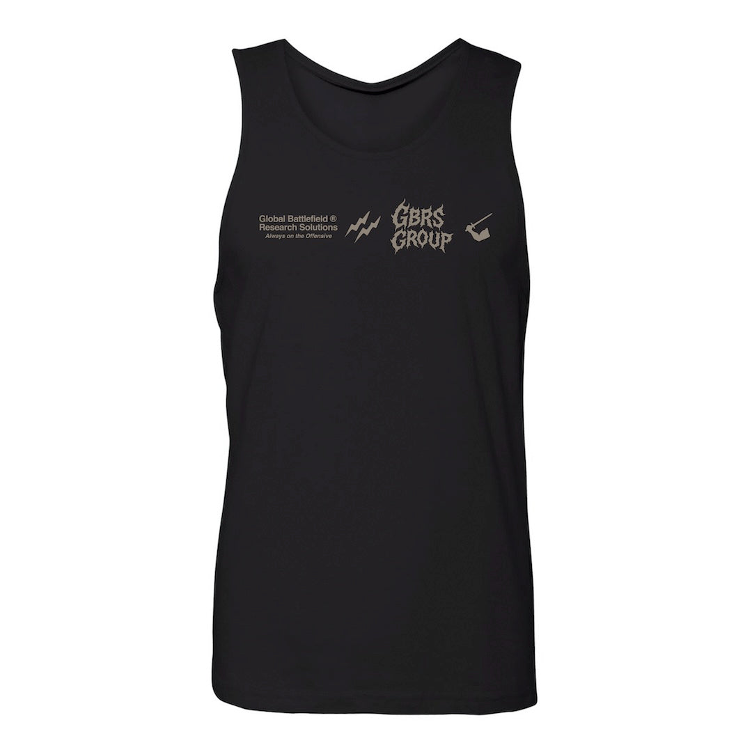 Front view of GBRS Group Black Tank Top with grey designs in the center against a white background.