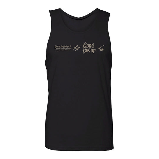 Front view of GBRS Group Black Tank Top with grey designs in the center against a white background.