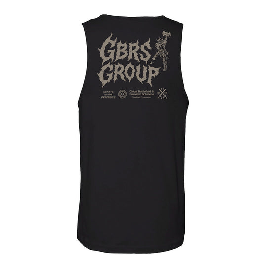 Back view of GBRS Group Black Tank Top with grey design and other graphics on the back against a white background.