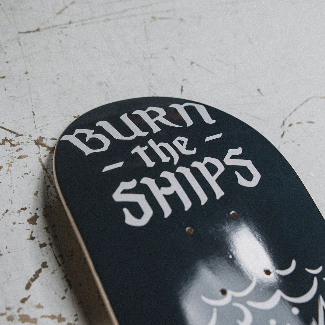 GBRS Group Burn The Ships Skateboard Deck lifestyle image showing details of the print design