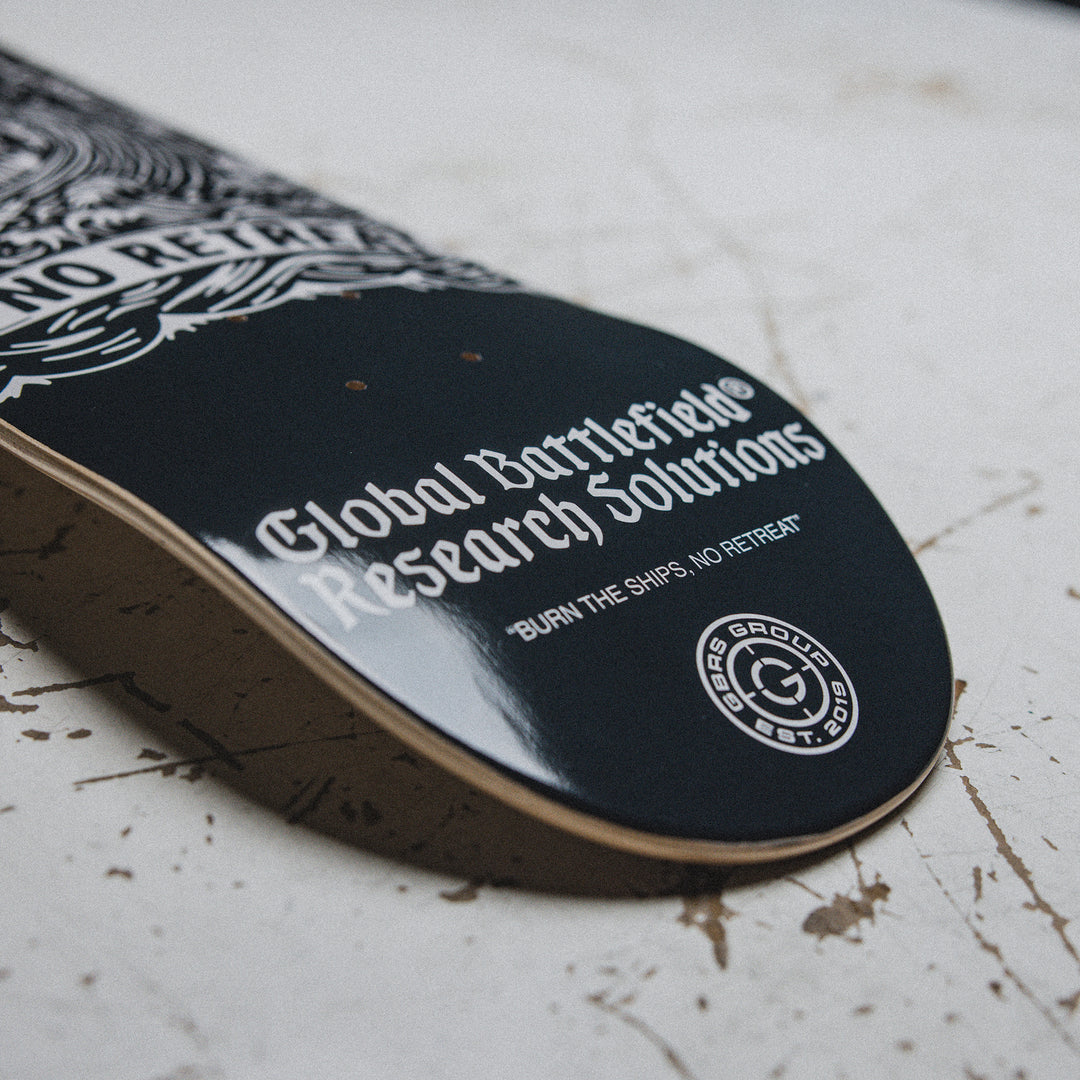 GBRS Group Burn The Ships Skateboard Deck lifestyle image showing details of the GBRS Group branding