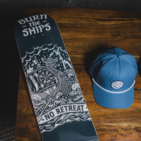 GBRS Group Burn The Ships Skateboard Deck lifestyle image showing details of the print design