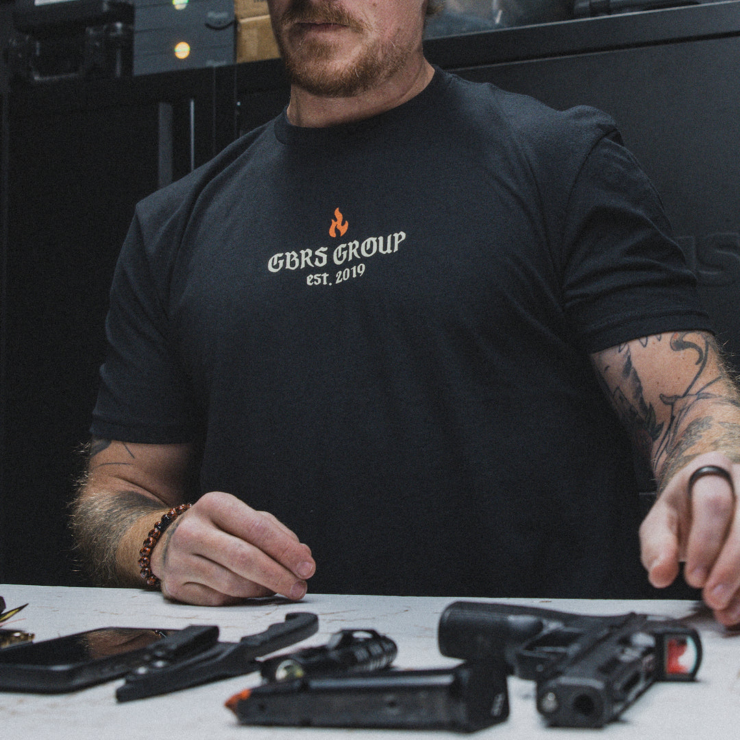 GBRS Group Burn the Ships Short Sleeve Shirt pictured in Black -lifestyle image - showing front of shirt design