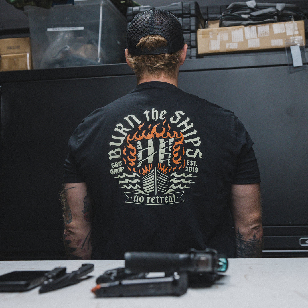 GBRS Group Burn the Ships Short Sleeve Shirt pictured in Black -lifestyle image - showing back of shirt design