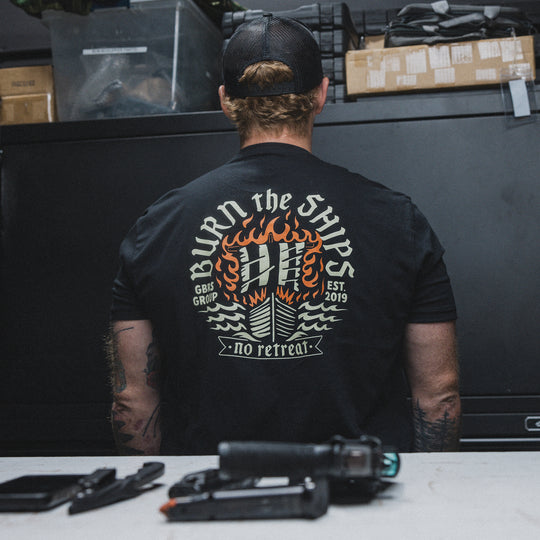 GBRS Group Burn the Ships Short Sleeve Shirt pictured in Black -lifestyle image - showing back of shirt design