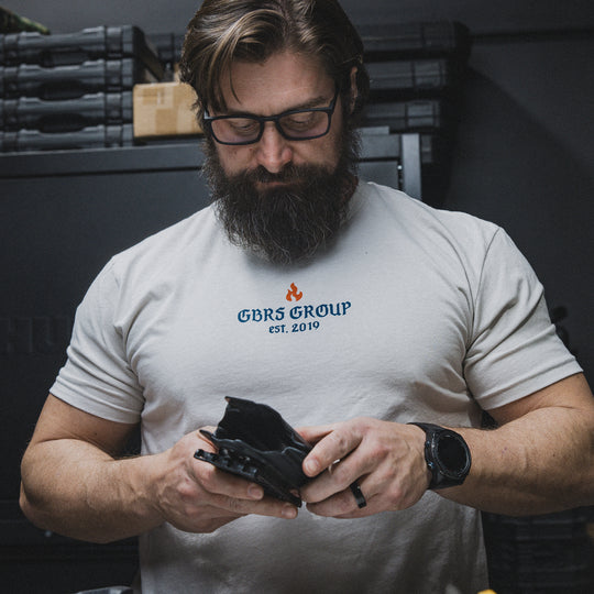 GBRS Group Burn the Ships Short Sleeve Shirt pictured in Sand -lifestyle image - showing front of shirt design