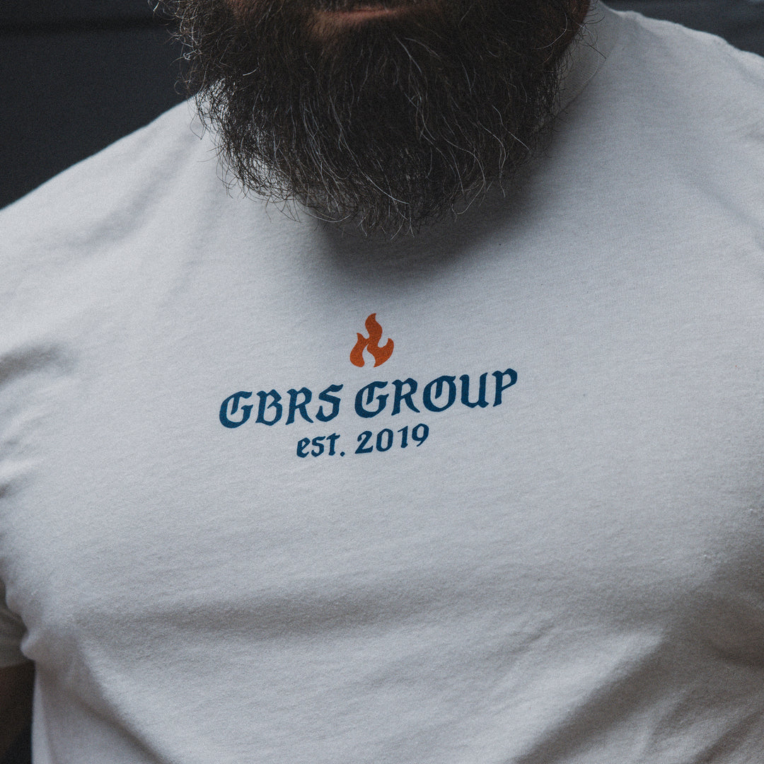 GBRS Group Burn the Ships Short Sleeve Shirt pictured in Sand -lifestyle image - showing front of shirt design detail