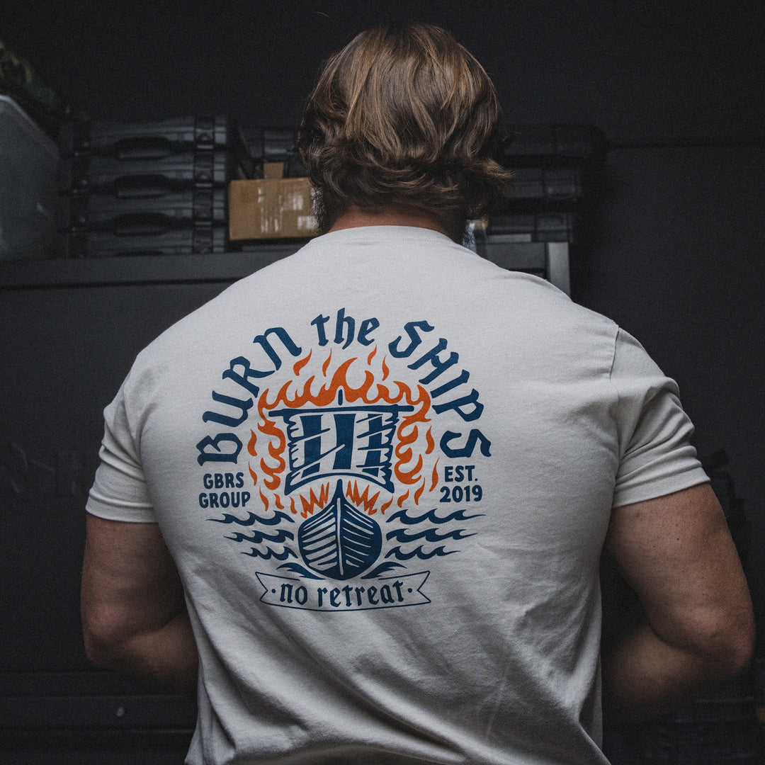 GBRS Group Burn the Ships Short Sleeve Shirt pictured in Sand -lifestyle image - showing back of shirt design