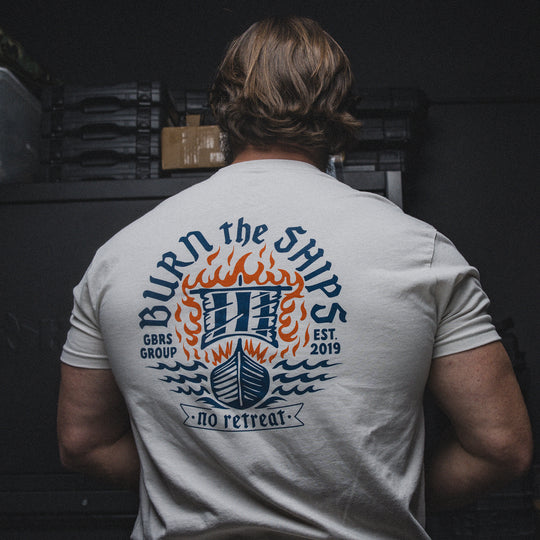 GBRS Group Burn the Ships Short Sleeve Shirt pictured in Sand -lifestyle image - showing back of shirt design