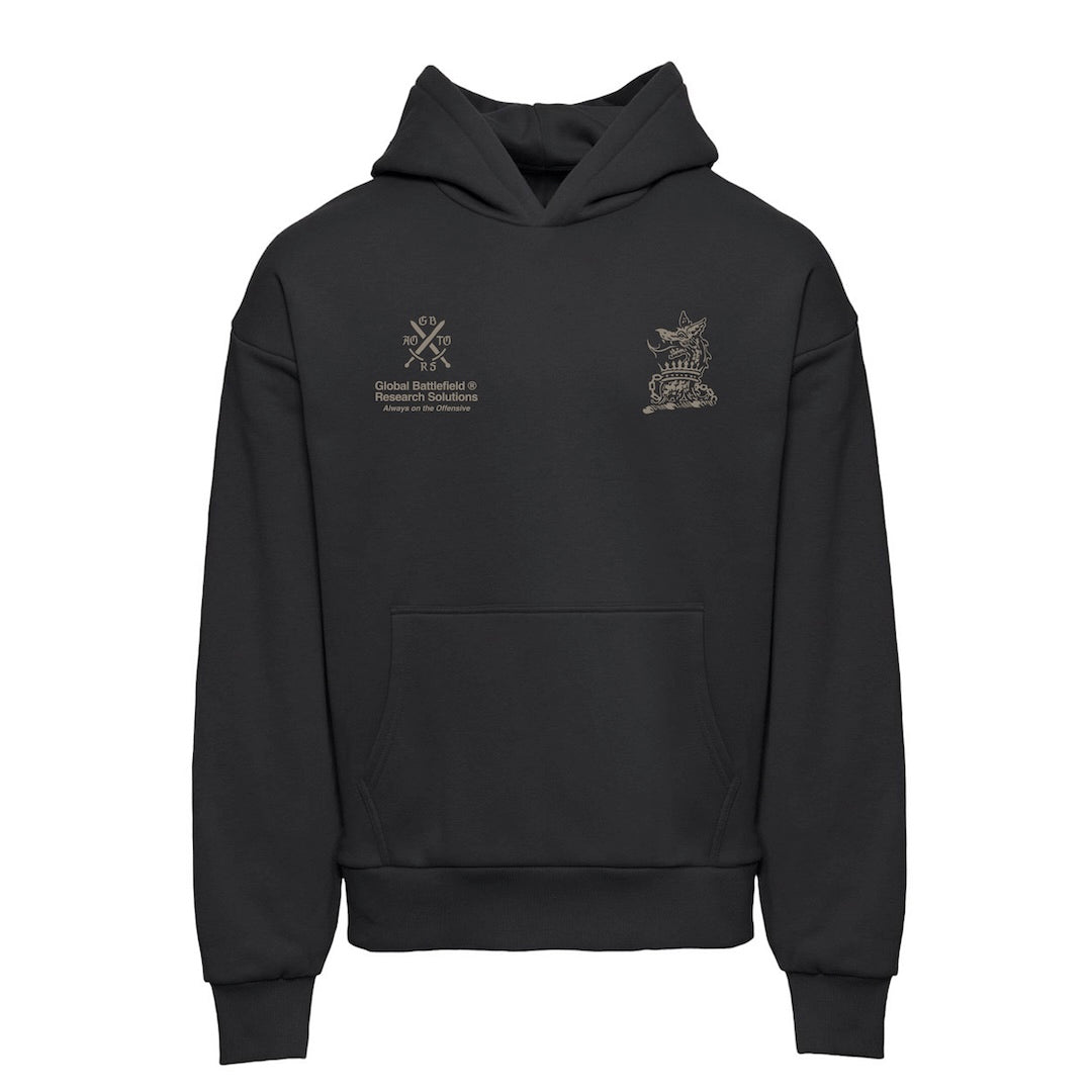 Front view of GBRS Group AOTO Premium Black Hoodie with designs on right and left pockets against a white background.