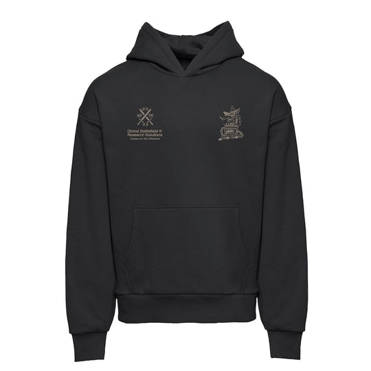 Front view of GBRS Group AOTO Premium Black Hoodie with designs on right and left pockets against a white background.