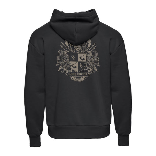 Back view of GBRS Group AOTO Premium Black Hoodie with coat of arms design against a white background.