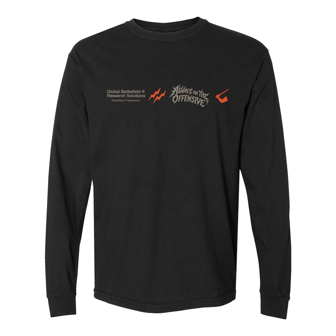 Front view of GBRS Group AOTO Premium Black Long Sleeve with a red-orange designs against a white background.