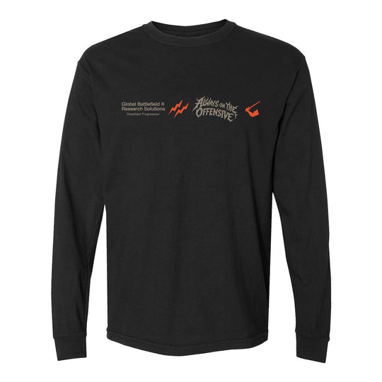 Front view of GBRS Group AOTO Premium Black Long Sleeve with a red-orange designs against a white background.