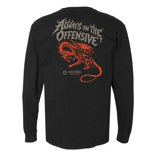 Back view of GBRS Group AOTO Premium Black Long Sleeve with a red-orange design against a white background.