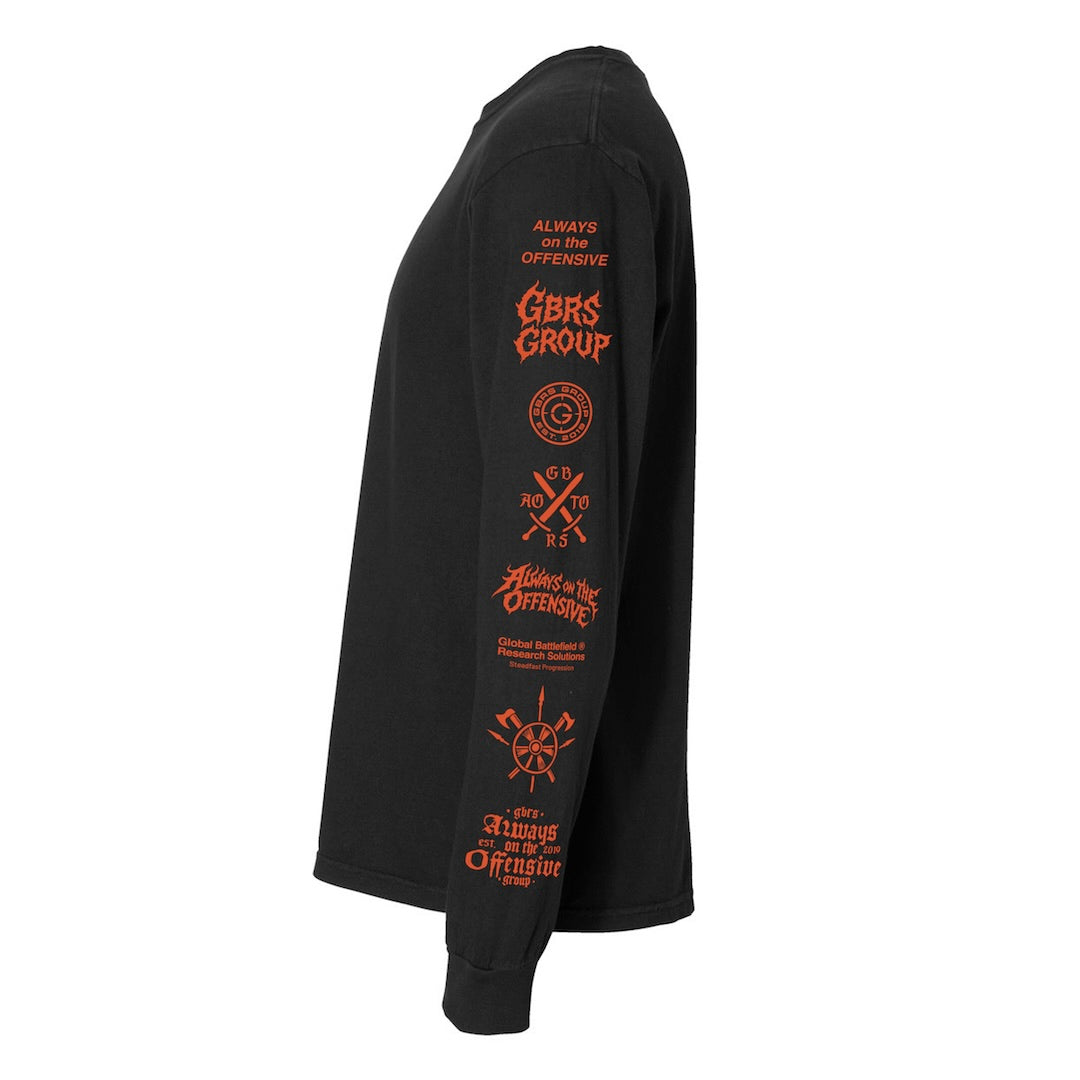 Side view of GBRS Group AOTO Premium Black Long Sleeve with red-orange designs and logos against a white background.