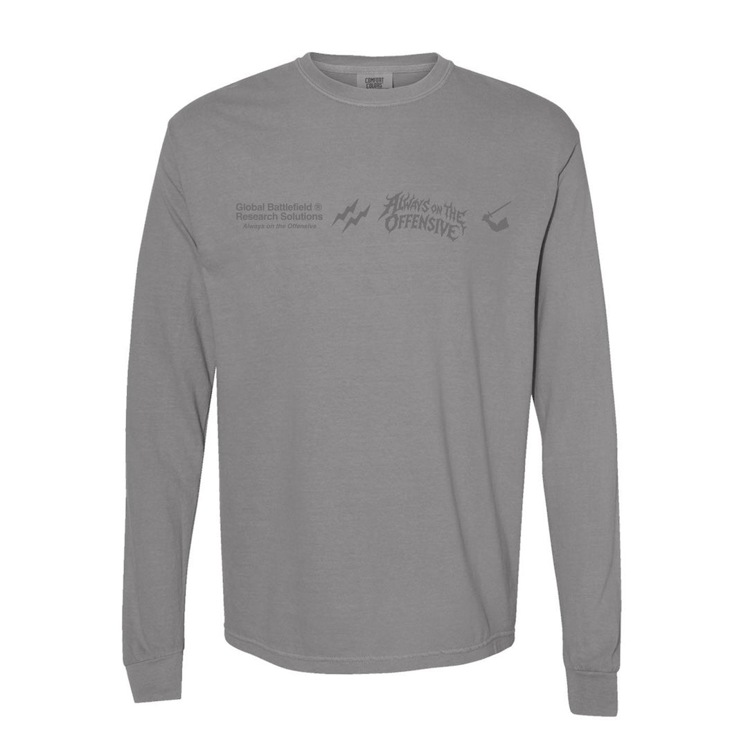 Front view of GBRS Group AOTO Premium Grey Long Sleeve with cool grey designs against a white background.