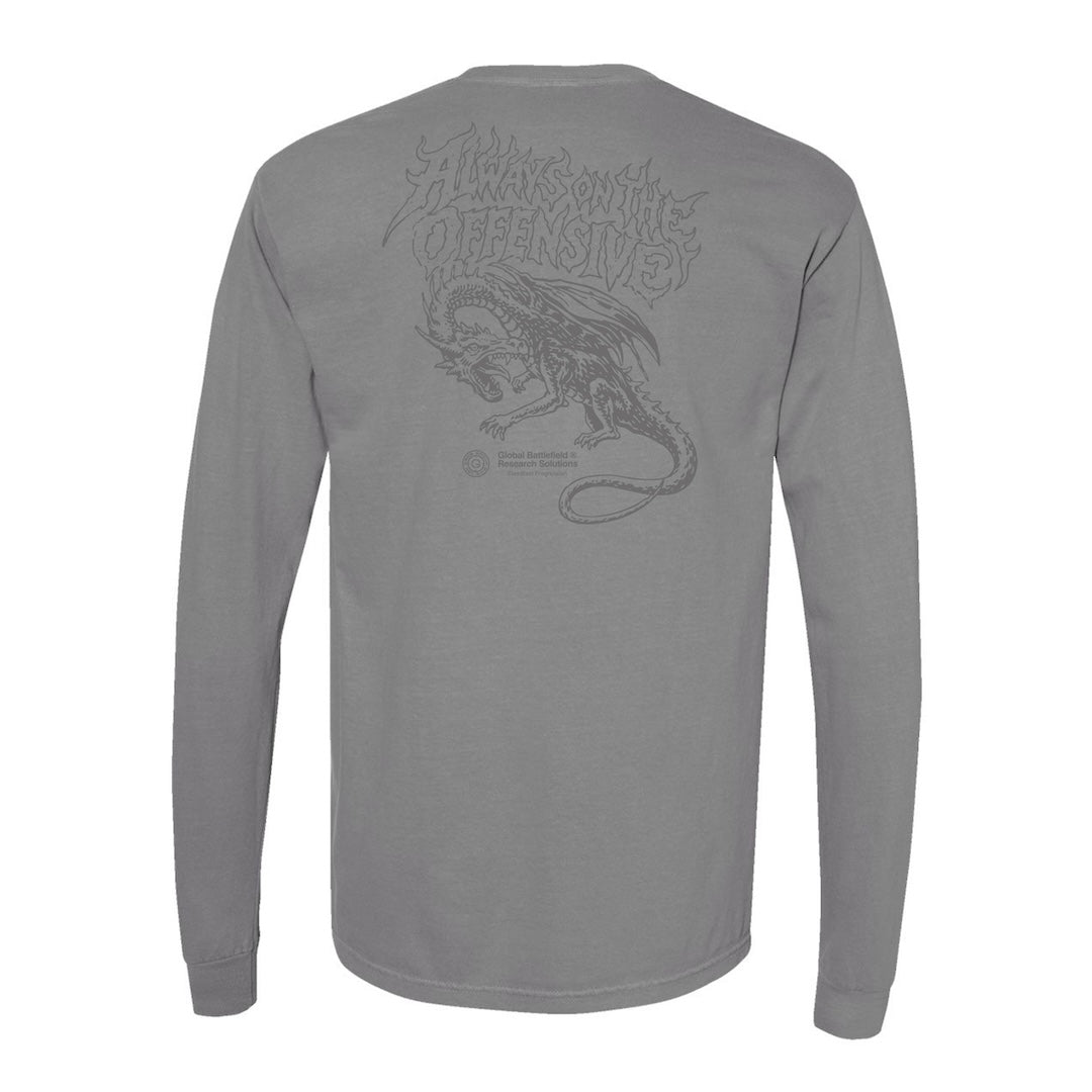 Back view of GBRS Group AOTO Premium Grey Long Sleeve with cool grey design against a white background.