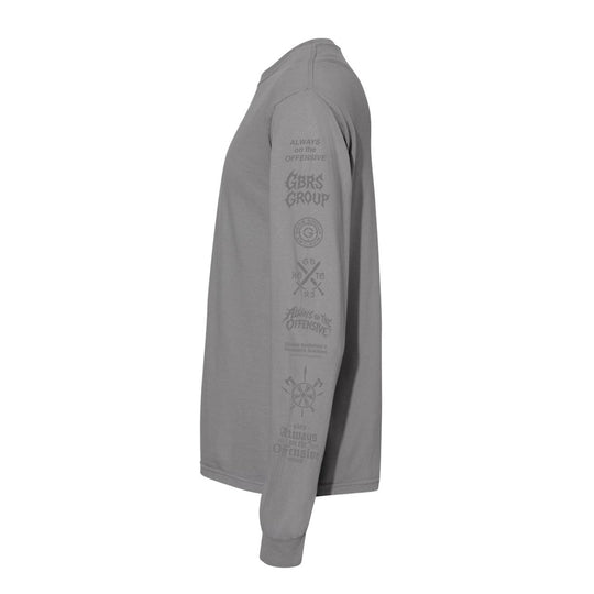 Side view of GBRS Group AOTO Premium Grey Long Sleeve with cool grey designs and logos against a white background.