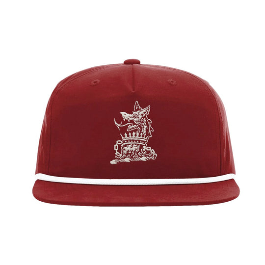 Front view of GBRS Group red rope hat with dragon design and rope in white in the center against a white background.