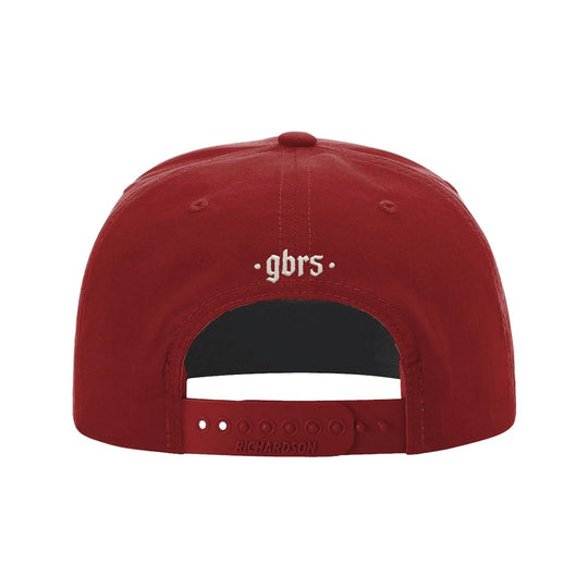 Back view of GBRS Group red rope hat with 'gbrs' text embroidered in white in the center against a white background.