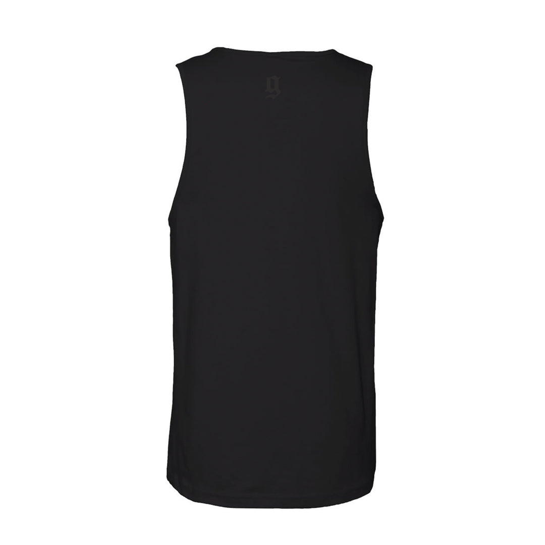 GBRS Group Patriotism Front & Center Tank - Screen printed center back neckline GBRS "g" design. Black tank on white background.