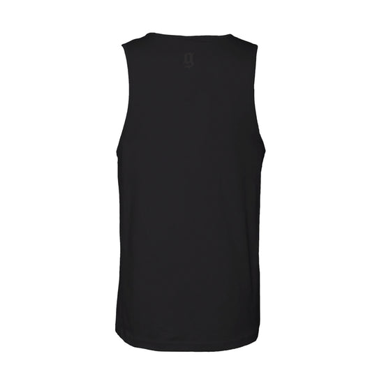 GBRS Group Patriotism Front & Center Tank - Screen printed center back neckline GBRS "g" design. Black tank on white background.