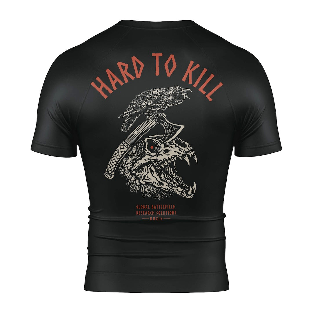View of back of GBRS Group Hard to Kill Rash Guard on white background