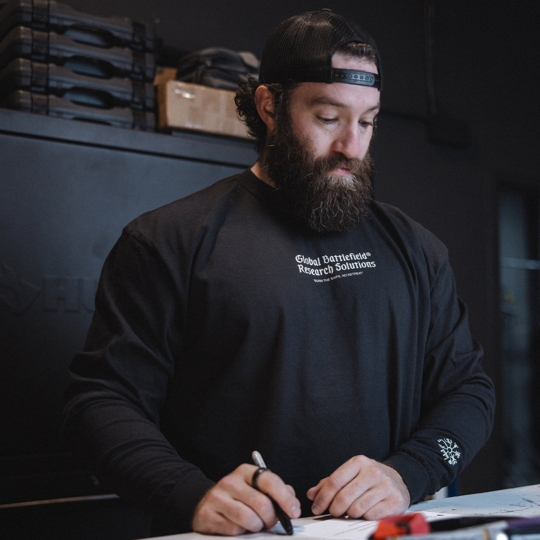 GBRS Group Kraken Long Sleeve Shirt lifestyle image in Black showing the front print design