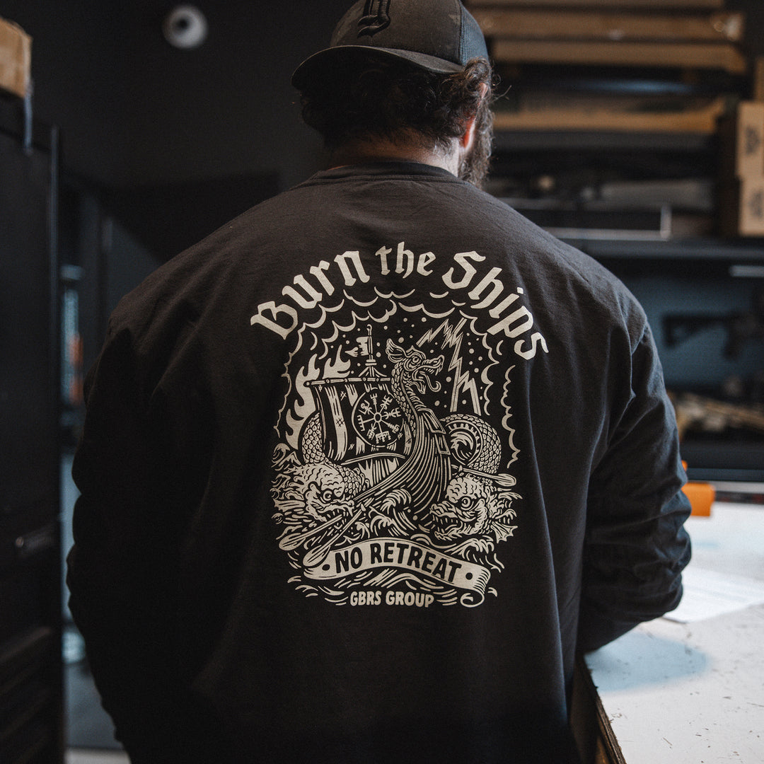 GBRS Group Kraken Long Sleeve Shirt lifestyle image in Black showing the back print design