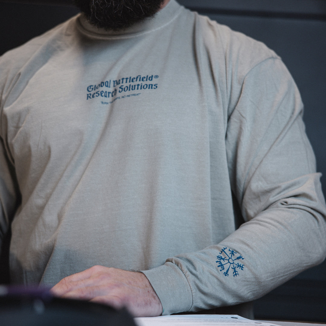 GBRS Group Kraken Long Sleeve Shirt lifestyle image in Sandstone showing the front print design