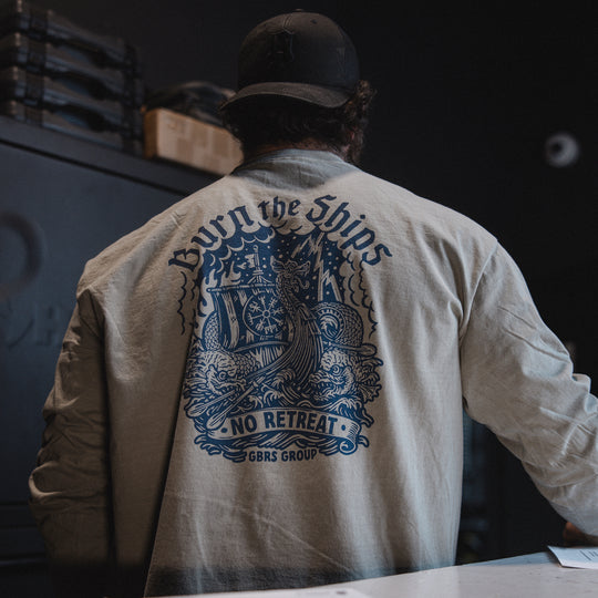 GBRS Group Kraken Long Sleeve Shirt lifestyle image in Sandstone showing the back print design