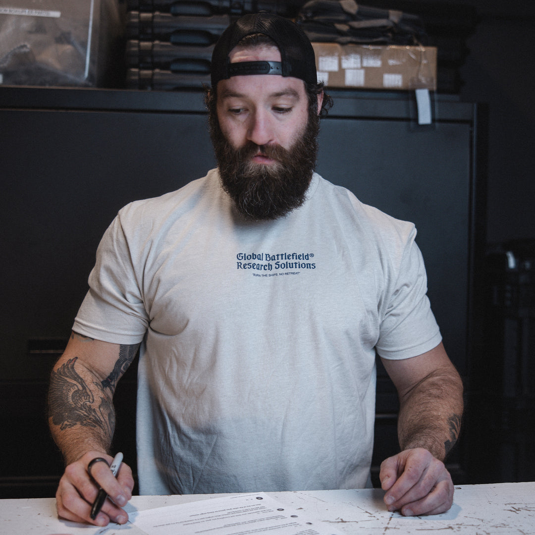 GBRS Group Kraken Short Sleeve Shirt lifestyle image showing front of Sand shirt design