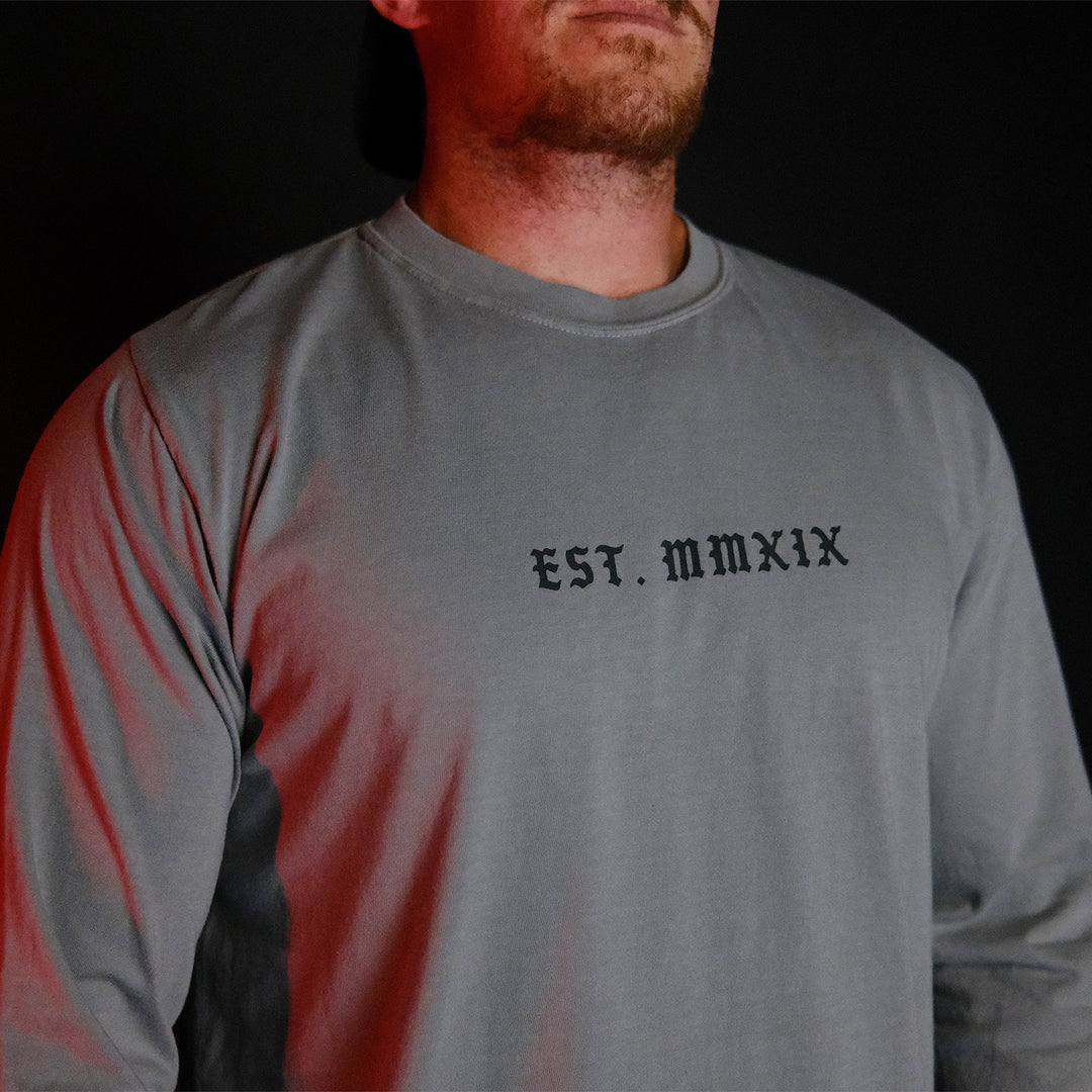 GBRS Group Lion And Skull Long Sleeve Shirt - Front of shirt on body in dark room