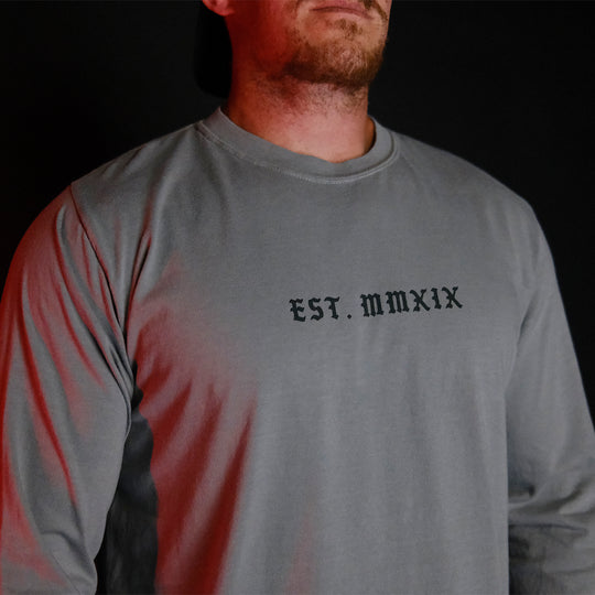 GBRS Group Lion And Skull Long Sleeve Shirt - Front of shirt on body in dark room