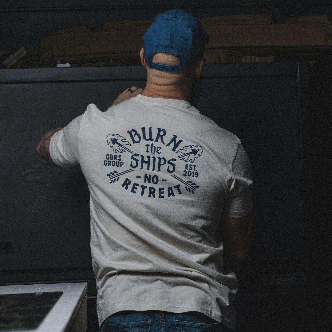 GBRS Group No Retreat Short Sleeve Shirt - lifestyle image showing back of shirt in Sand variant