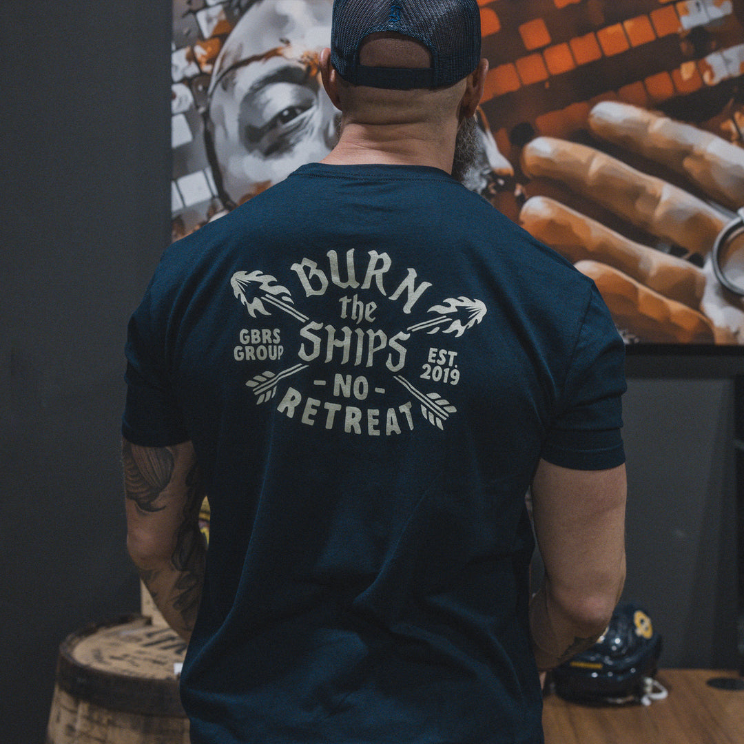 GBRS Group No Retreat Short Sleeve Shirt - lifestyle image showing back of shirt in Navy variant