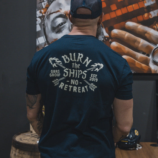 GBRS Group No Retreat Short Sleeve Shirt - lifestyle image showing back of shirt in Navy variant