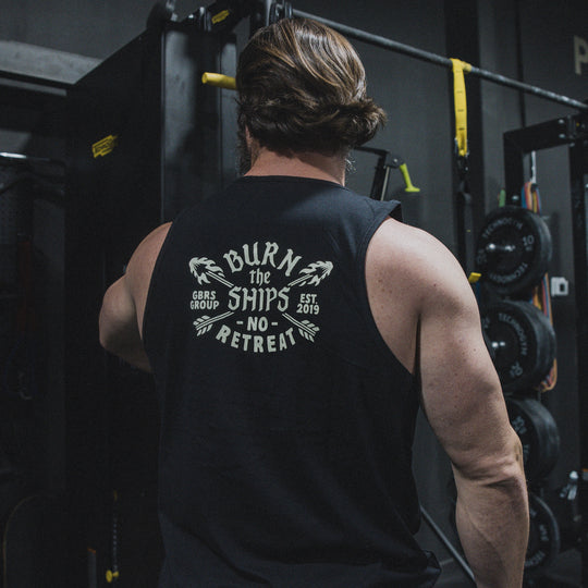 GBRS Group No Retreat Tank lifestyle image showing back of tank in a gym environment