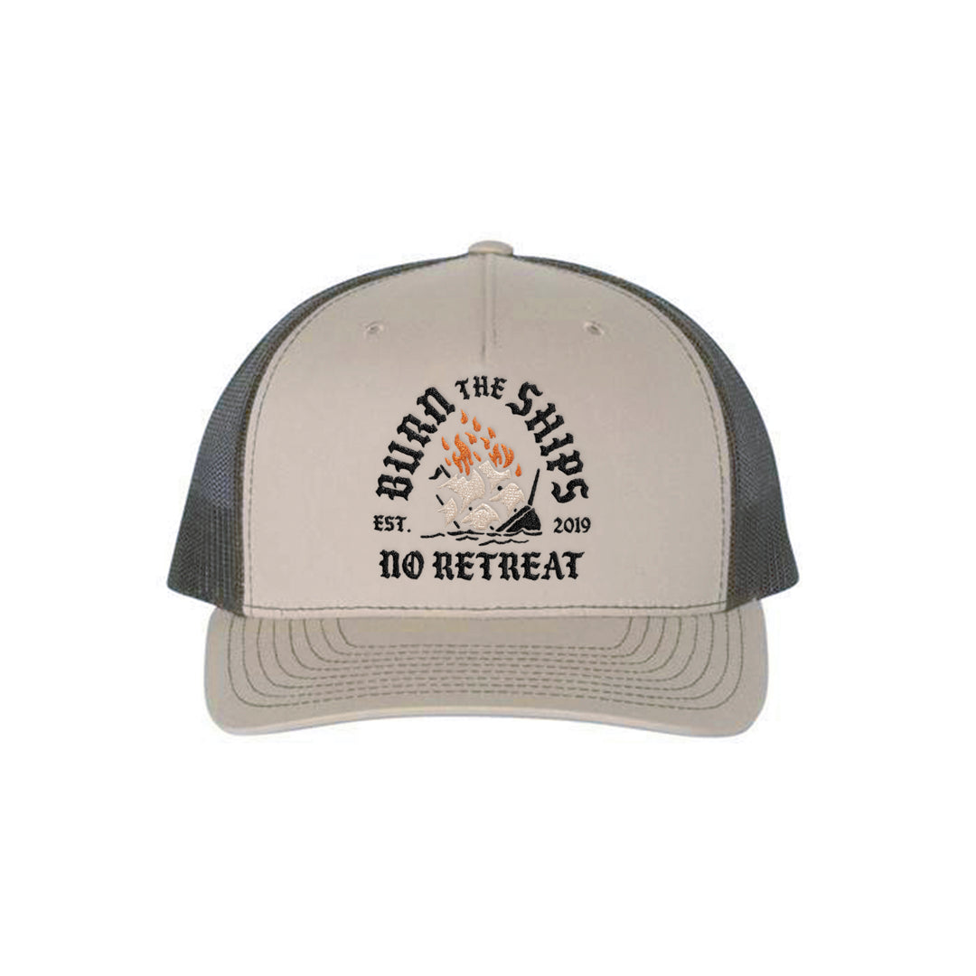 GBRS Group No Retreat Trucker Hat is a Richardson 112FP with Classic Trucker vibes. Front embroidered Burn the Ships No Retreat logo. Back embroidered GBRS "g" logo. 