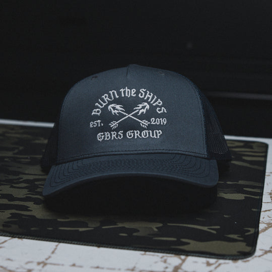 GBRS Group No Retreat Trucker Hat - lifestyle shot showing front of hat