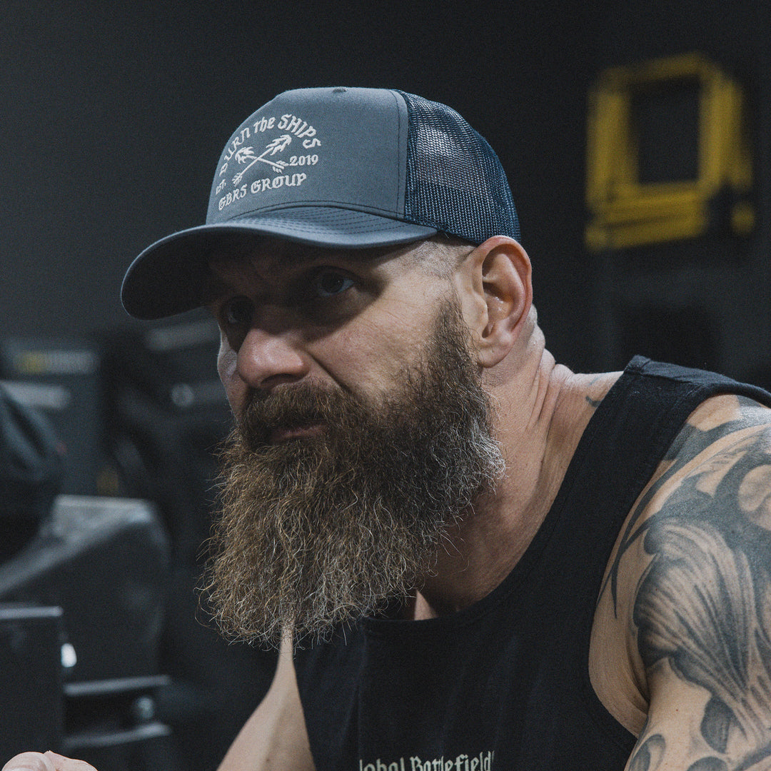 GBRS Group No Retreat Trucker Hat - lifestyle shot showing side of hat