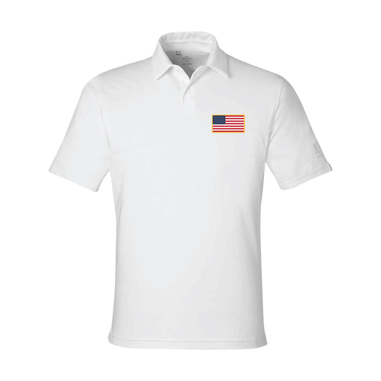 GBRS Group Patriotism Polo Shirt - Left chest American Flag rubberized thermal graphic. Embroidered GBRS "g" logo on the left sleeve. Pictured front of white polo on a white background. 