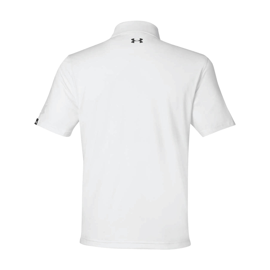GBRS Group Patriotism Polo Shirt - Left chest American Flag rubberized thermal graphic. Embroidered GBRS "g" logo on the left sleeve. Pictured back of white polo on a white background. 